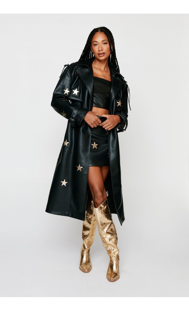 Premium Metallic Star Detail Trench Coat