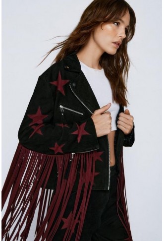 Suede Fringed Star Biker Jacket