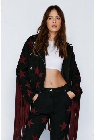 Suede Fringed Star Biker...