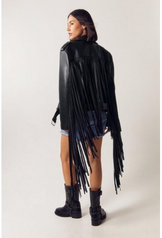 Faux Leather Fringe Back Biker Jacket