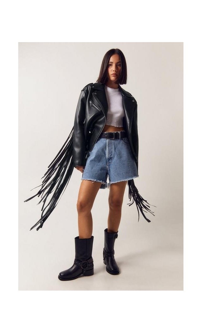 Faux Leather Fringe Back Biker Jacket