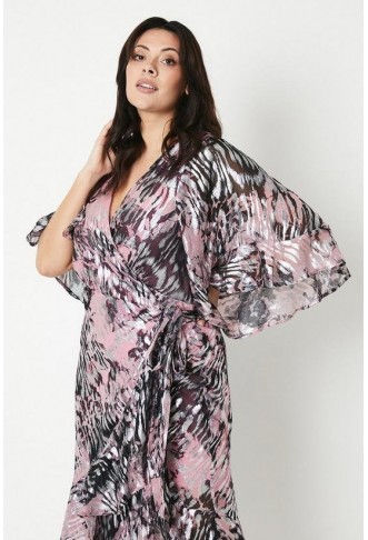 Plus Size Metallic Chiffon Cape Back Wrap Dress