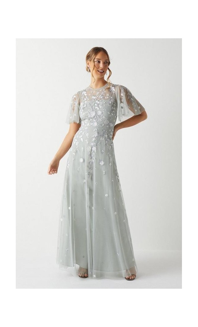 Embroidered Angel Sleeve Bridesmaids Maxi Dress