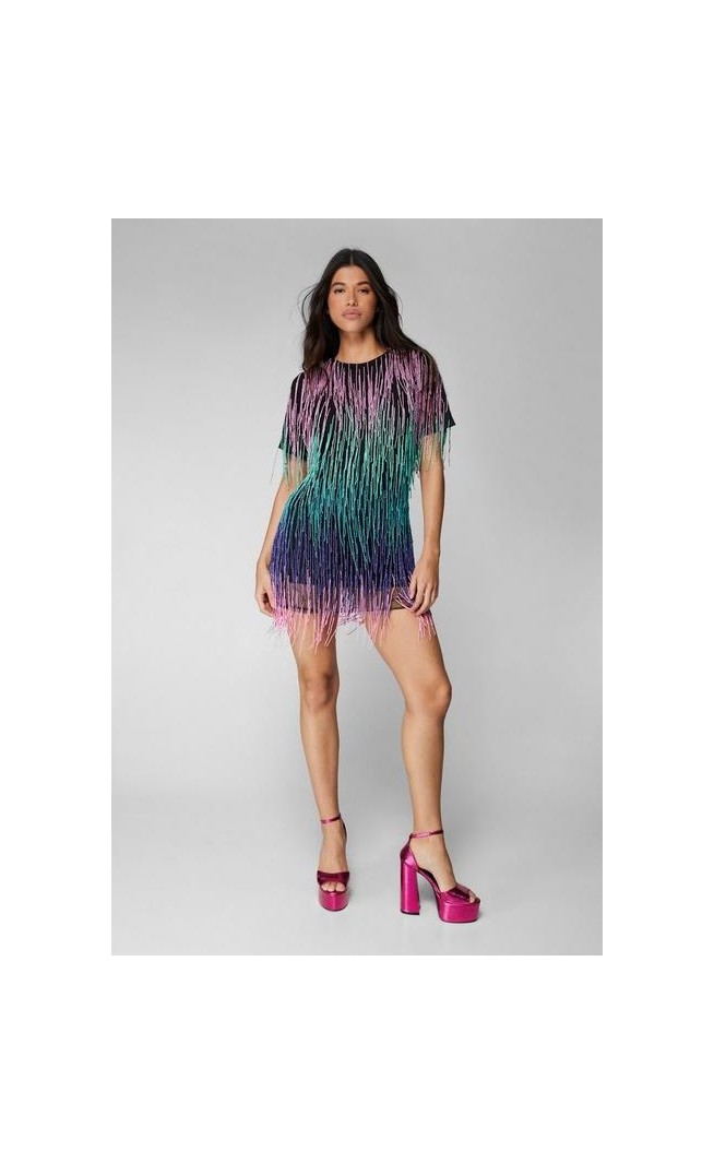 RAINBOW TASSEL BEADED SHIFT DRESS