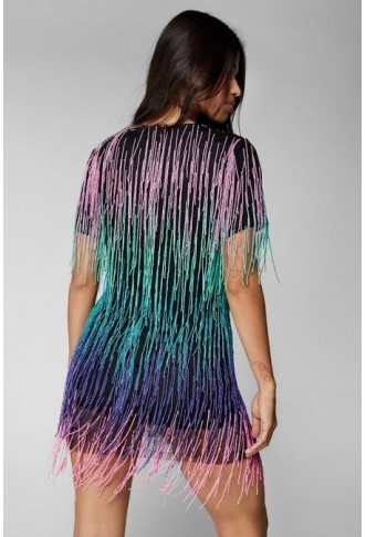 RAINBOW TASSEL BEADED SHIFT DRESS