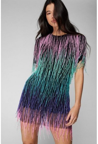 RAINBOW TASSEL BEADED SHIFT DRESS