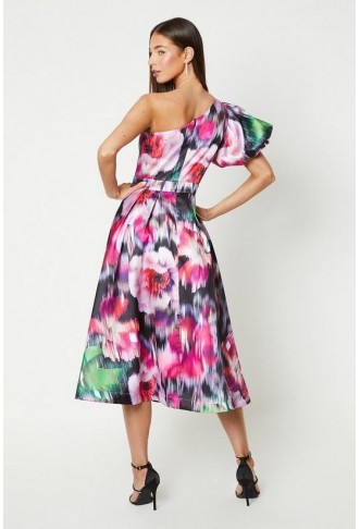 Printed One Shoulder Puff Sleeve Midi Dress