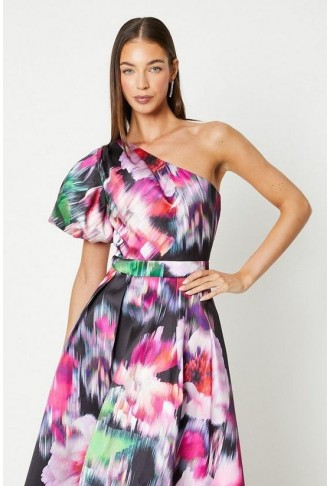 Printed One Shoulder Puff Sleeve Midi Dress