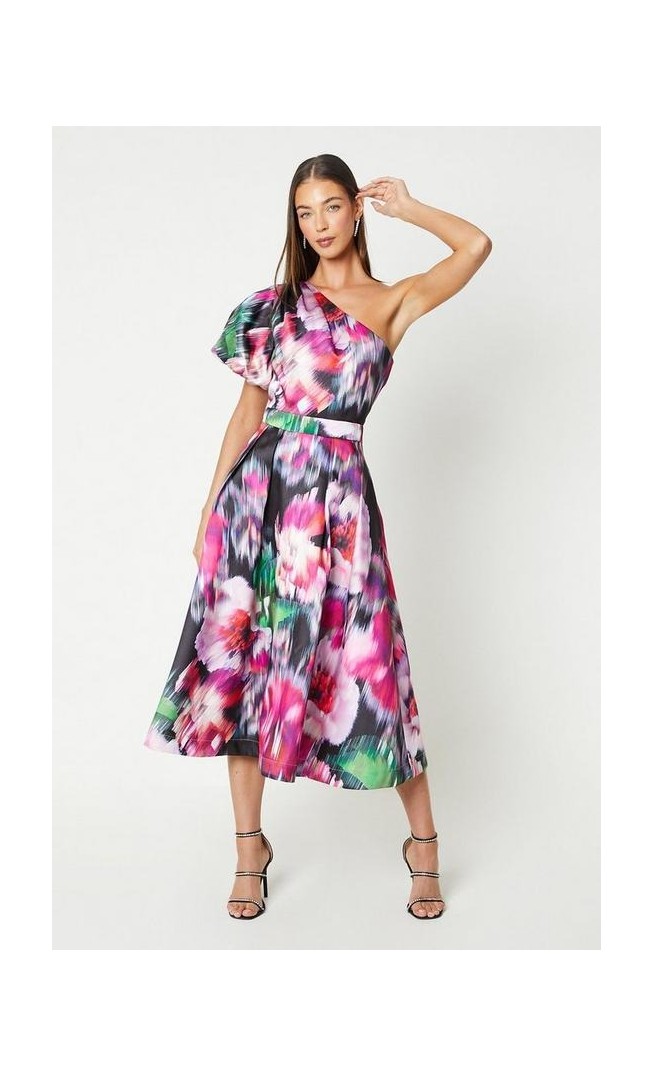 Printed One Shoulder Puff Sleeve Midi Dress