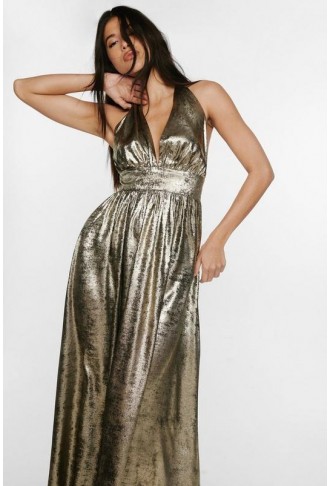 Metallic Plunge Maxi Dress