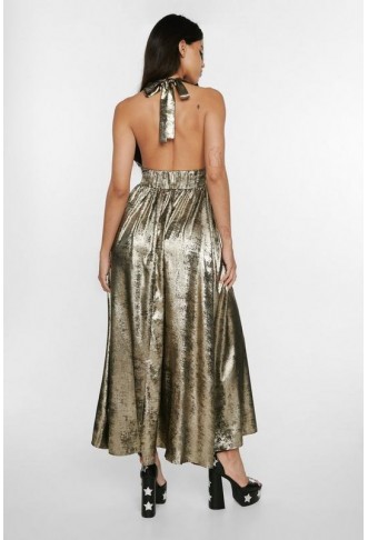 Metallic Plunge Maxi Dress