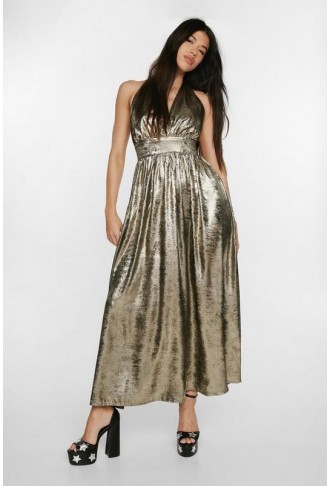 Metallic Plunge Maxi Dress