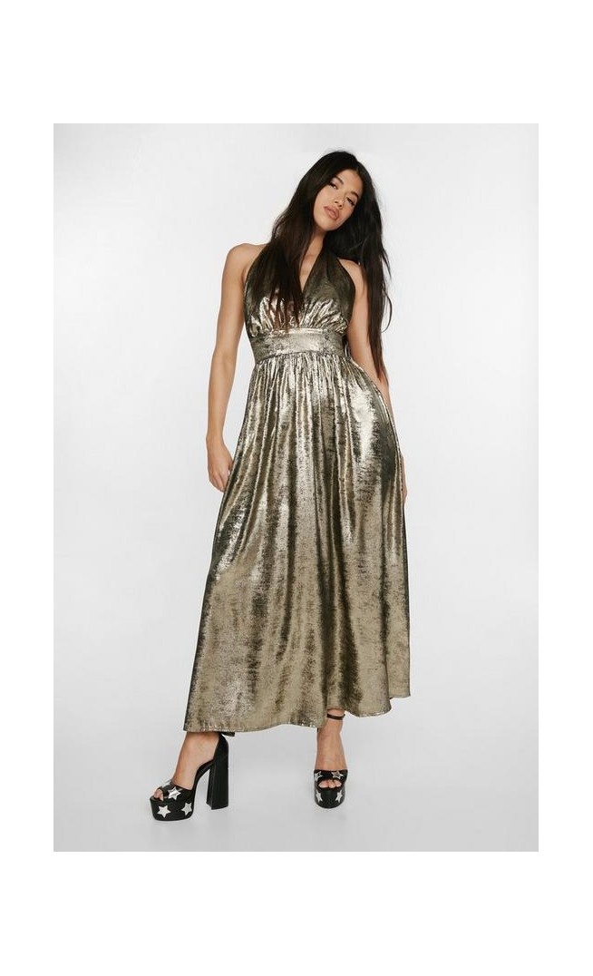 Metallic Plunge Maxi Dress