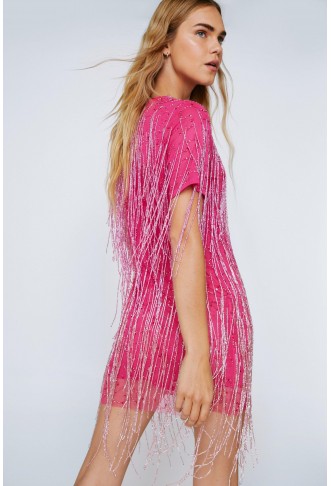 Tassel Beaded Mini Shift Dress