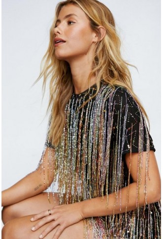 Tassel Beaded Mini Shift Dress