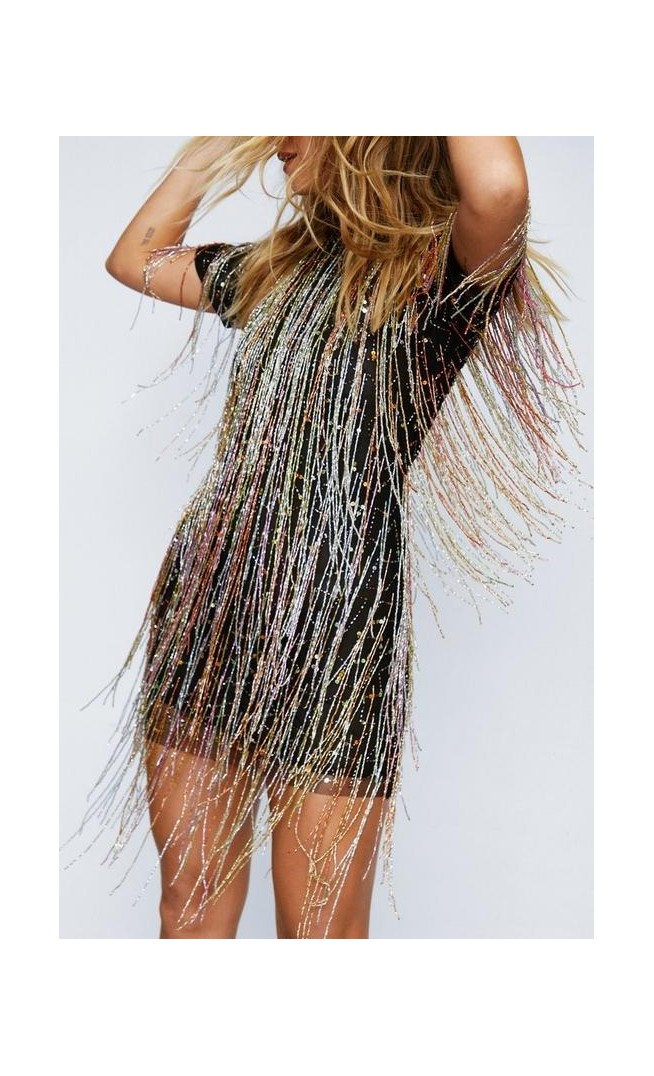 Tassel Beaded Mini Shift Dress