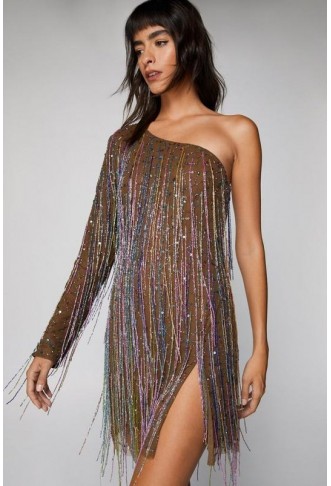 One Shoulder Tassel Fringe Mini Dress