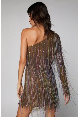 One Shoulder Tassel Fringe Mini Dress