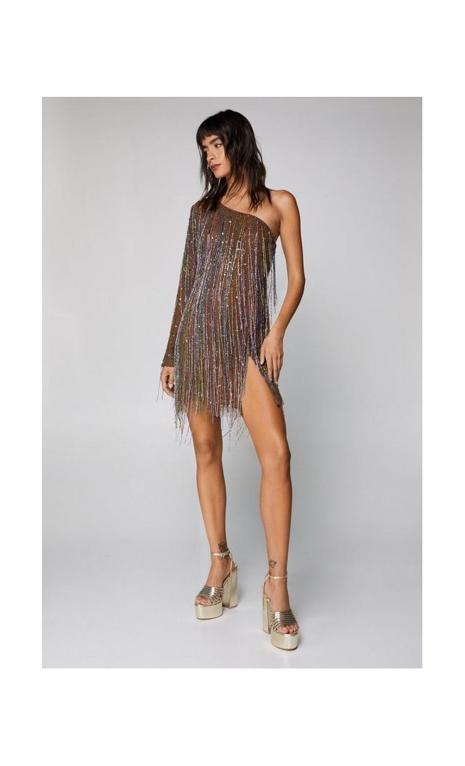 One Shoulder Tassel Fringe Mini Dress