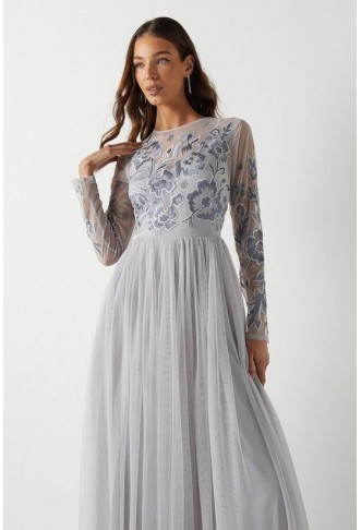 Floral Embroidered Bodice Long Sleeve Bridesmaids Maxi Dress