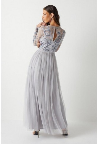 Floral Embroidered Bodice Long Sleeve Bridesmaids Maxi Dress