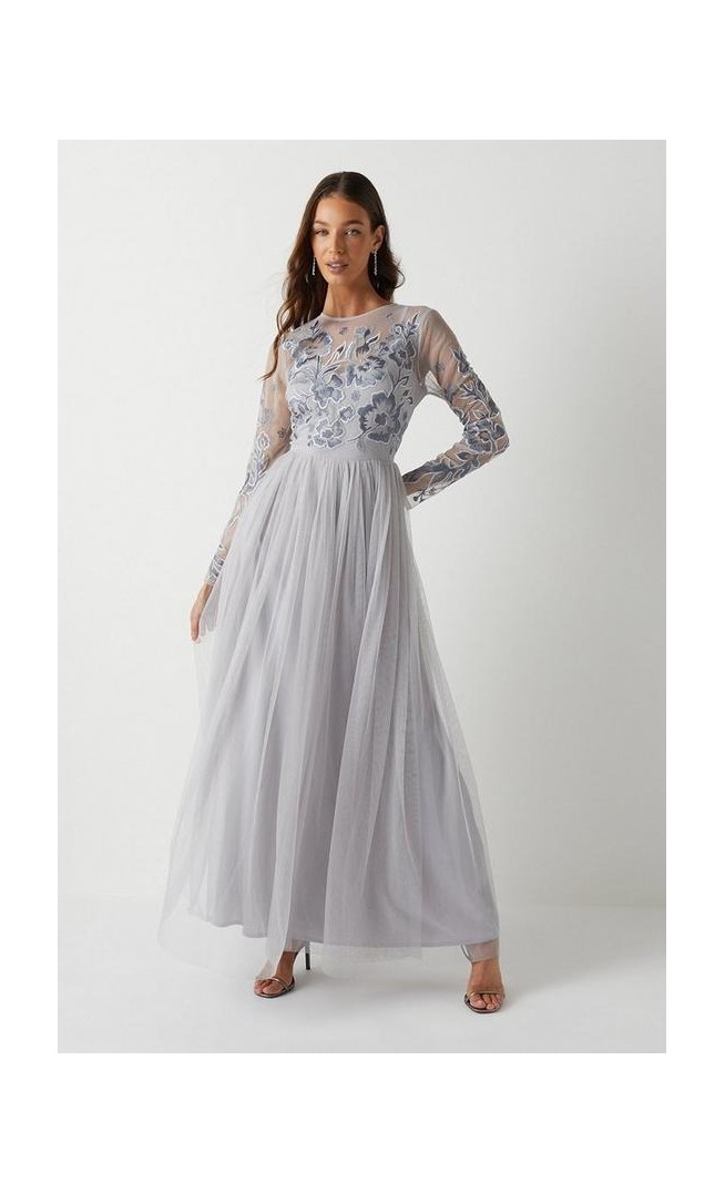 Floral Embroidered Bodice Long Sleeve Bridesmaids Maxi Dress