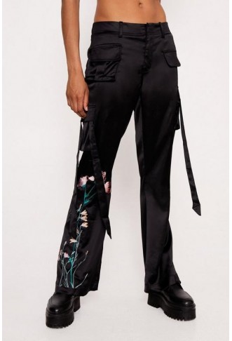 Satin Embroidered Strappy Cargo Pants