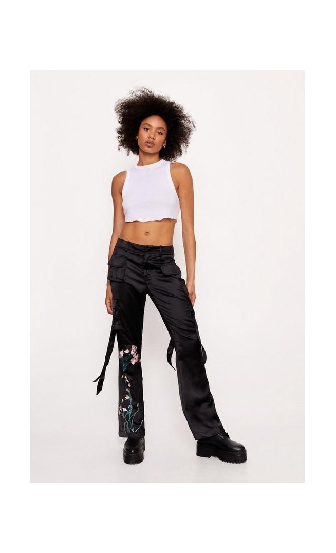 Satin Embroidered Strappy Cargo Pants