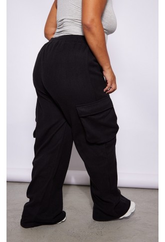 Plus Black Cargo Wide Leg Fleece Sweatpants