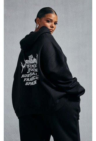 Plus Black Worldwide Slogan Zip Up Hoodie