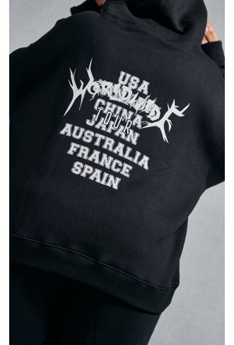 Plus Black Worldwide Slogan Zip Up Hoodie