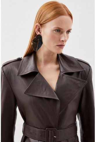 Leather Structured Collared Belted Coat