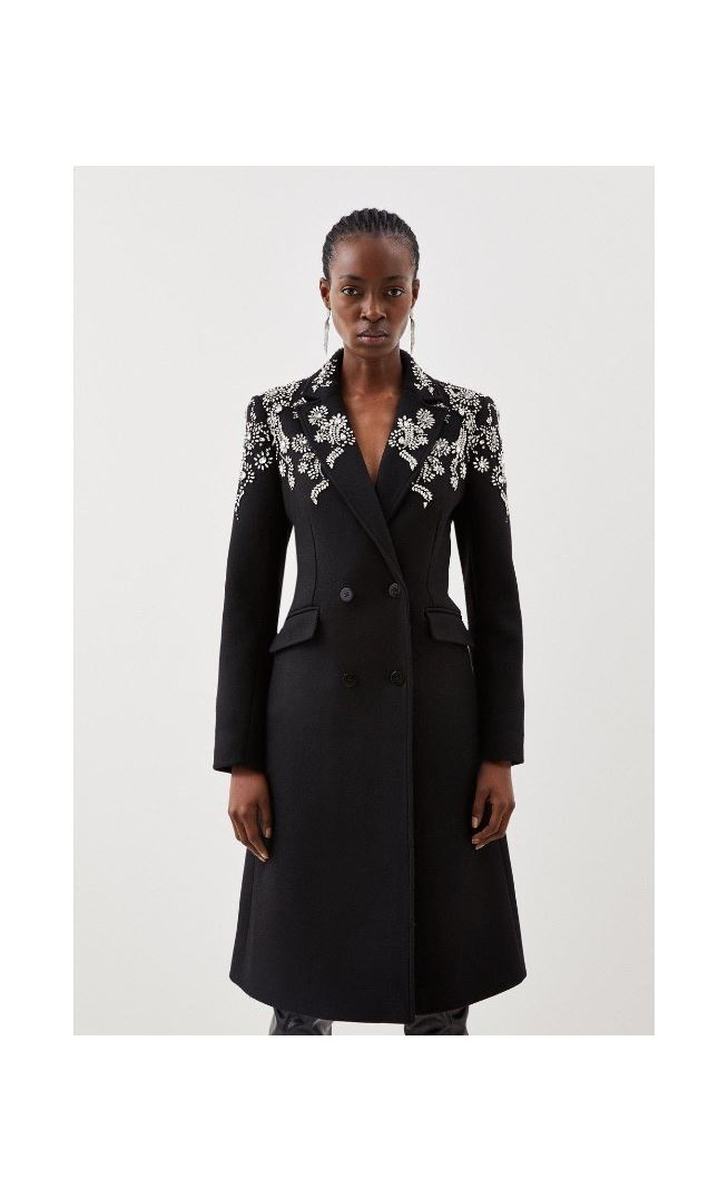 Tailored Wool Blend Embellished Double Breasted Coat