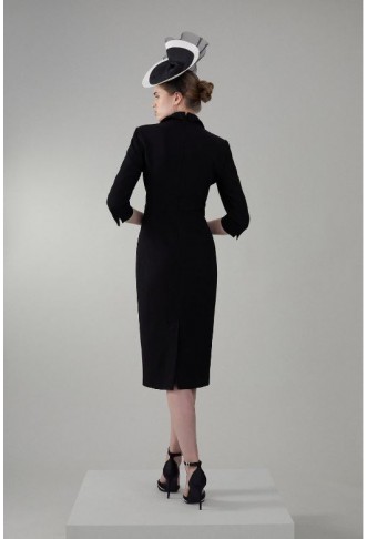 Black Compact Crepe Wrap Waist Pencil Midi Dress