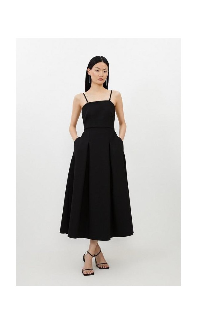 Compact Stretch Tailored Bandeau Full Skirted Midi Dress