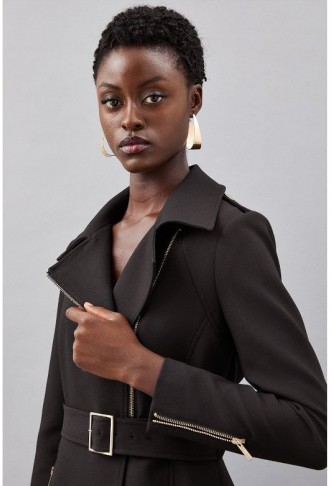 Black Tailored Compact Stretch High Neck Belted Midi Coat