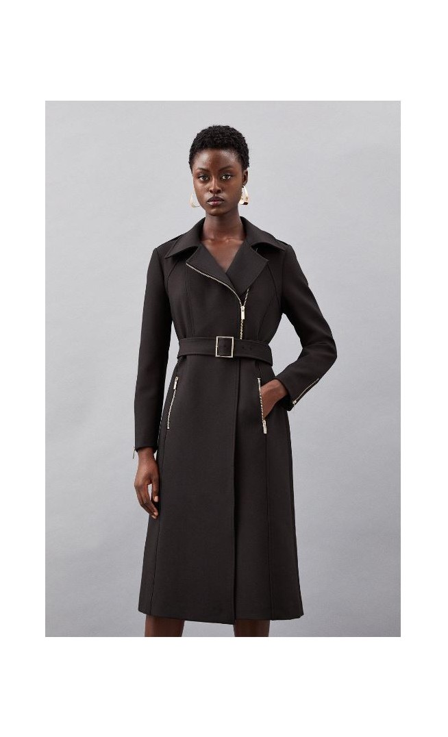 Black Tailored Compact Stretch High Neck Belted Midi Coat