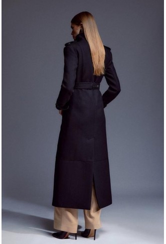 Tailored Wool Blend High Neck Belted Maxi Coat