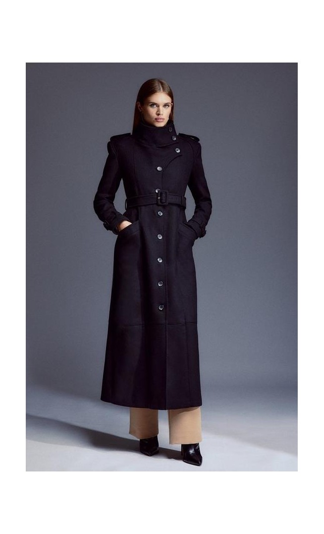 Tailored Wool Blend High Neck Belted Maxi Coat