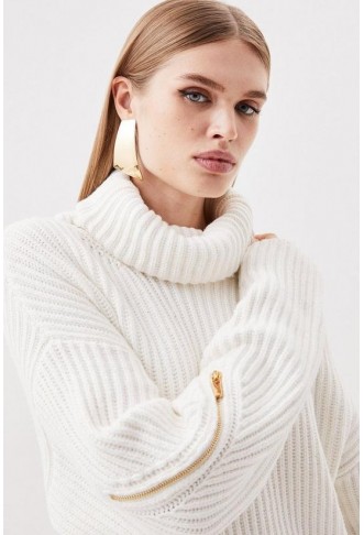 Cashmere Wool Mid Gg Roll Neck Knit Zip Detail Jumper