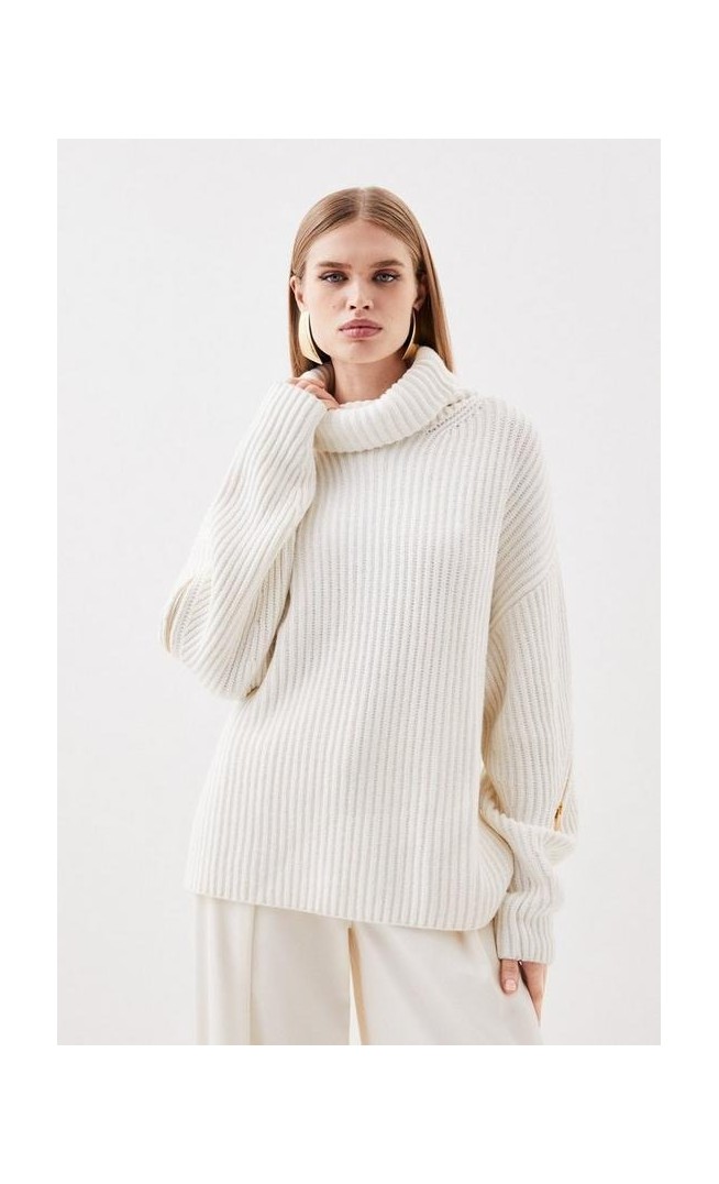 Cashmere Wool Mid Gg Roll Neck Knit Zip Detail Jumper