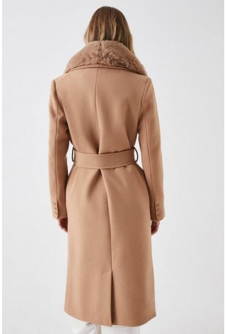 Faux Fur Collar Belted Wrap Coat