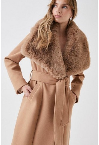 Faux Fur Collar Belted Wrap Coat