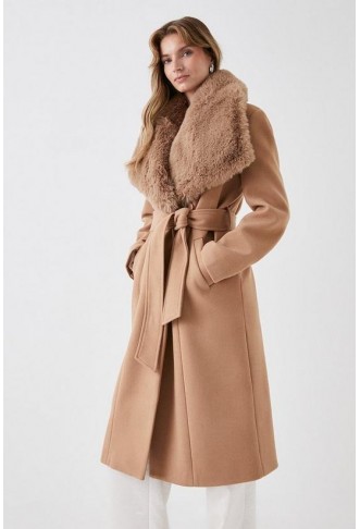 Faux Fur Collar Belted Wrap...