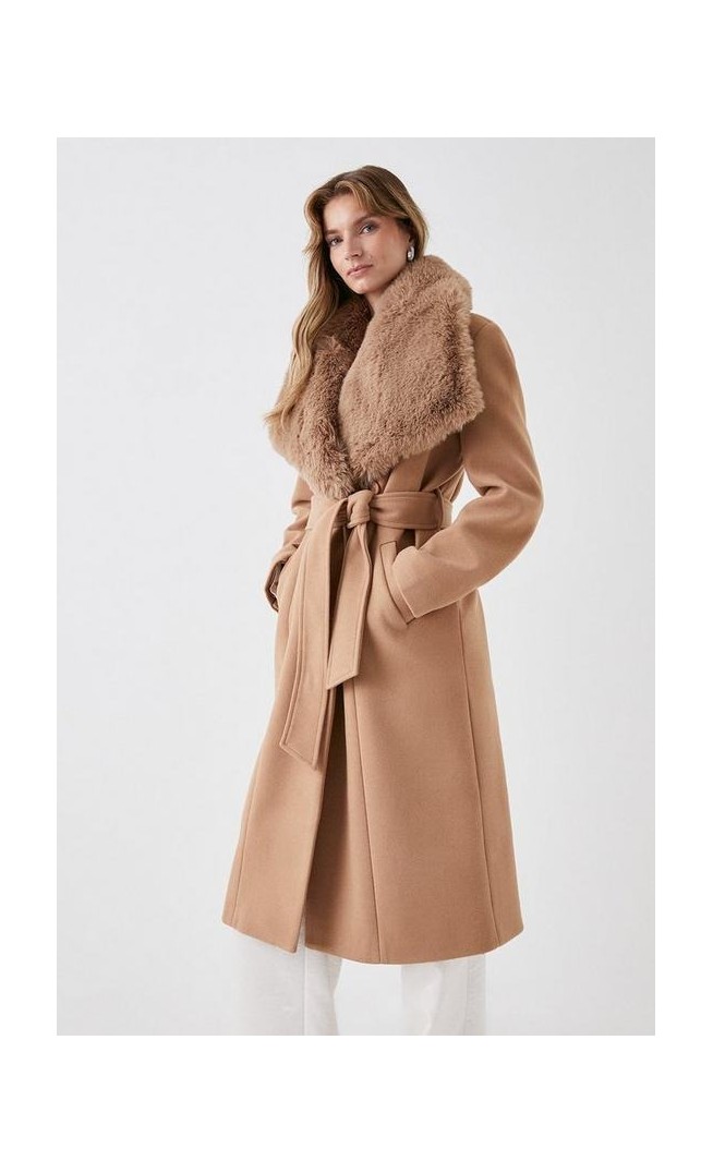 Faux Fur Collar Belted Wrap Coat