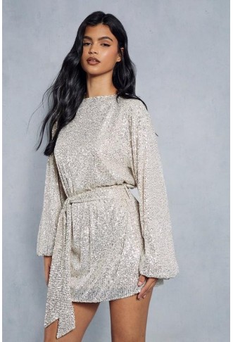 Sequin Belted Long Sleeve...