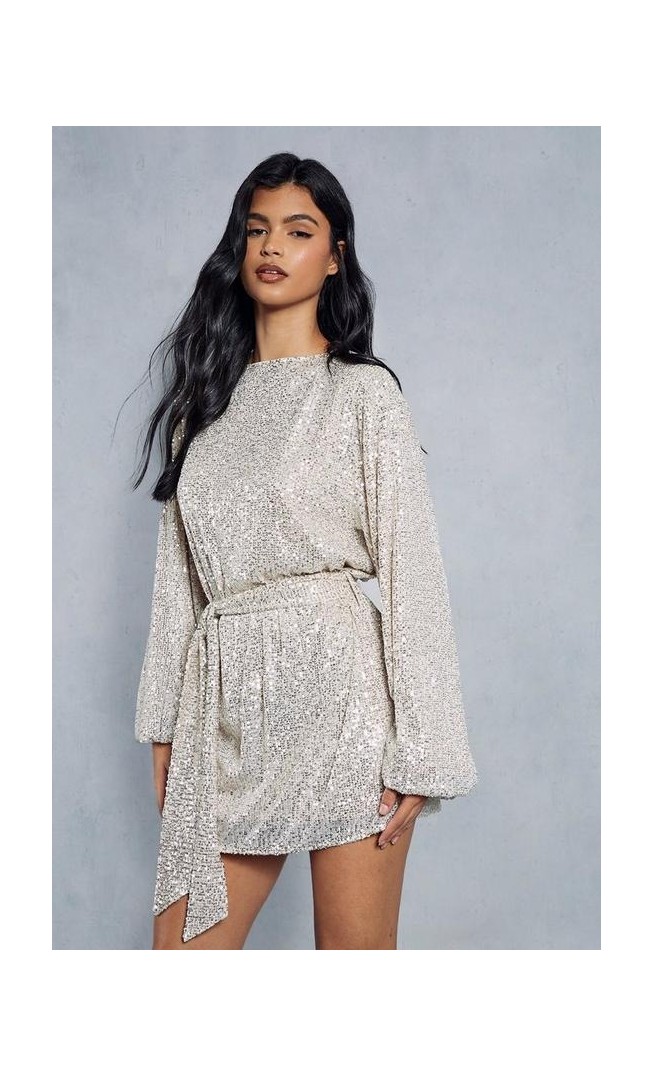 Sequin Belted Long Sleeve Swing Mini Dress