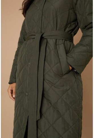 Olive Funnel Neck Belted Padded Coat