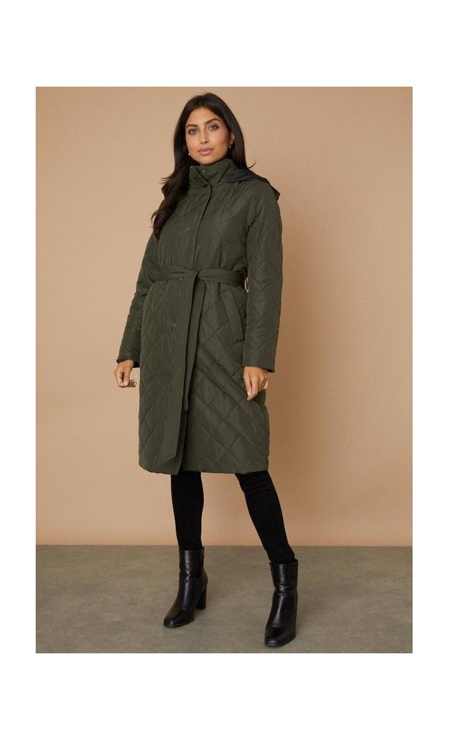 Olive Funnel Neck Belted Padded Coat