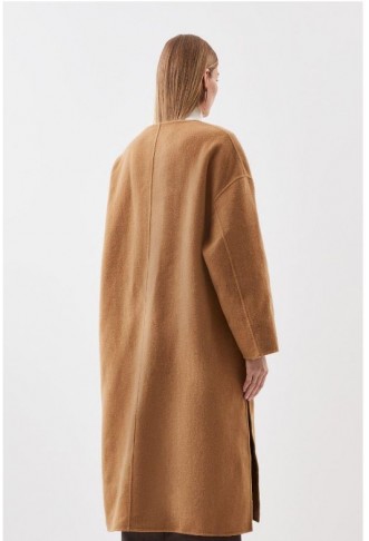 Camel Tailored Double Faced Wool Scarf Neck Midi Coat